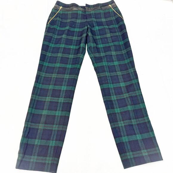 Club Monaco Plaid Patterned Straight Leg Green Slack Pants Leather Banded Size 4 - Picture 2 of 10